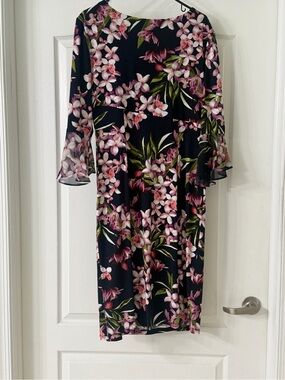 Boscov’s Connected Apparel Black Floral Midi Dress with Pink Blossoms